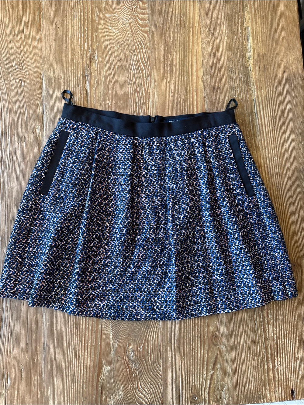 French Connection Navy Multicolor Tweed Skater Skirt with Black Trim